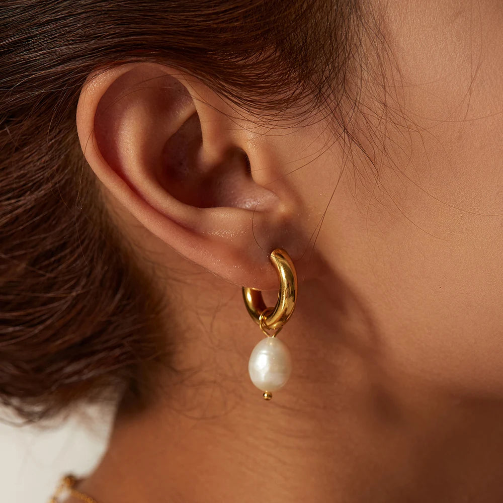 Pearl Drop Hoops Earrings