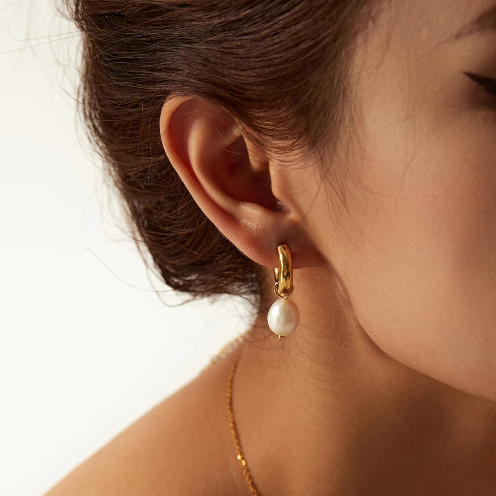 Pearl Drop Hoops Earrings