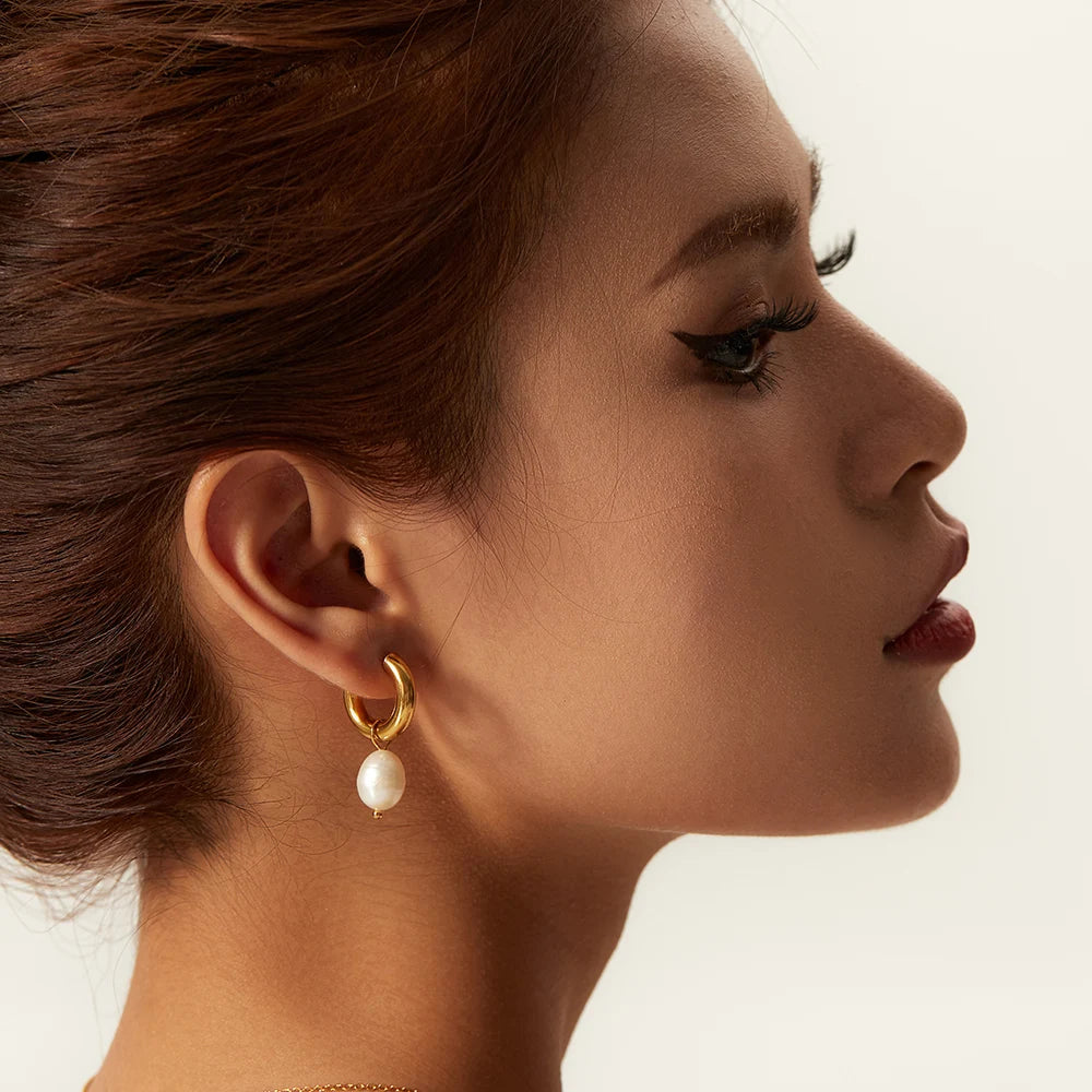 Pearl Drop Hoops Earrings