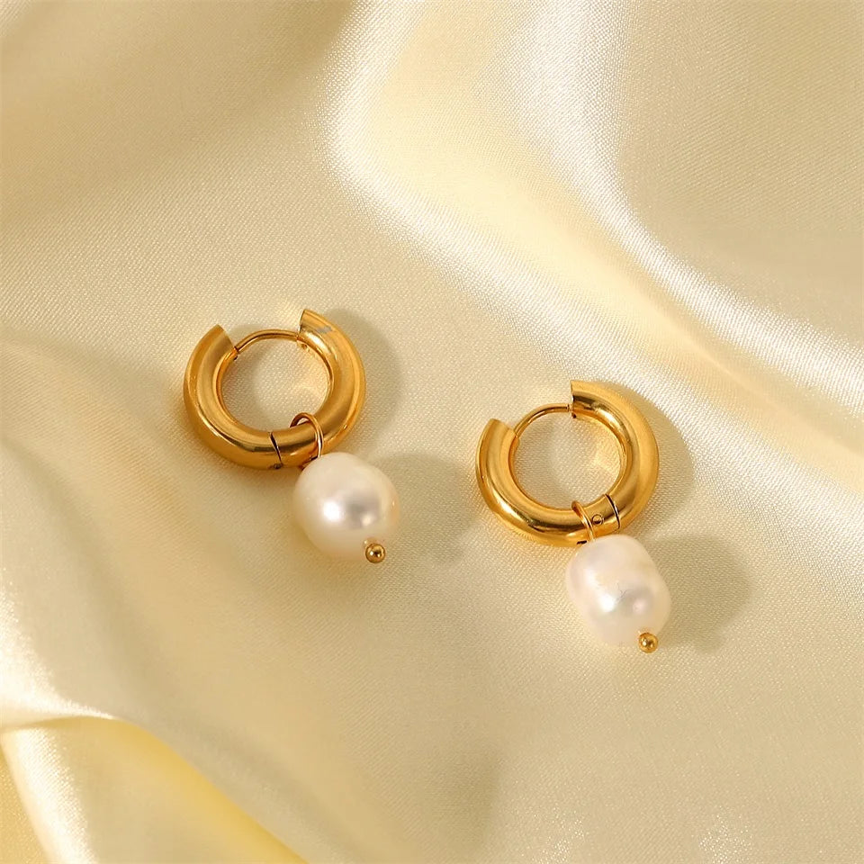Pearl Drop Hoops Earrings