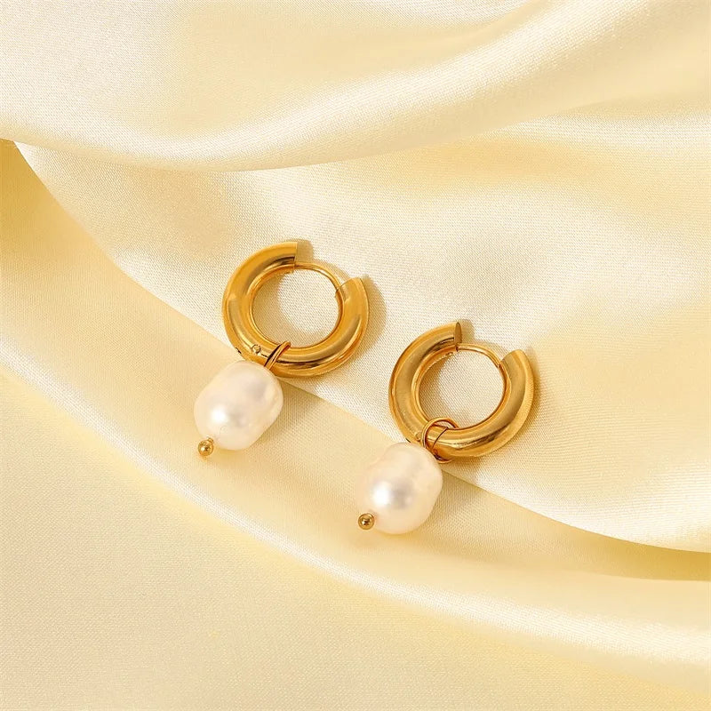 Pearl Drop Hoops Earrings