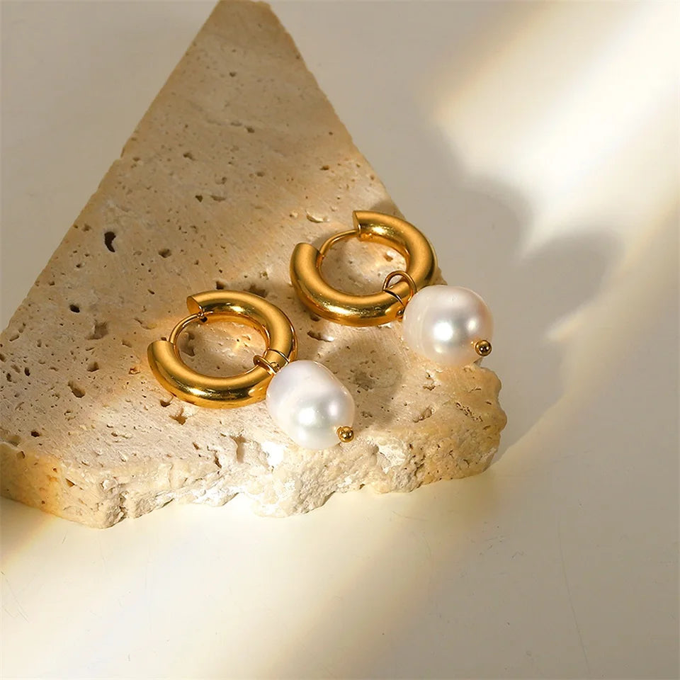 Pearl Drop Hoops Earrings