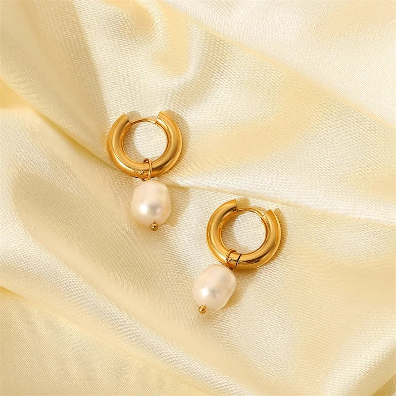 Pearl Drop Hoops Earrings