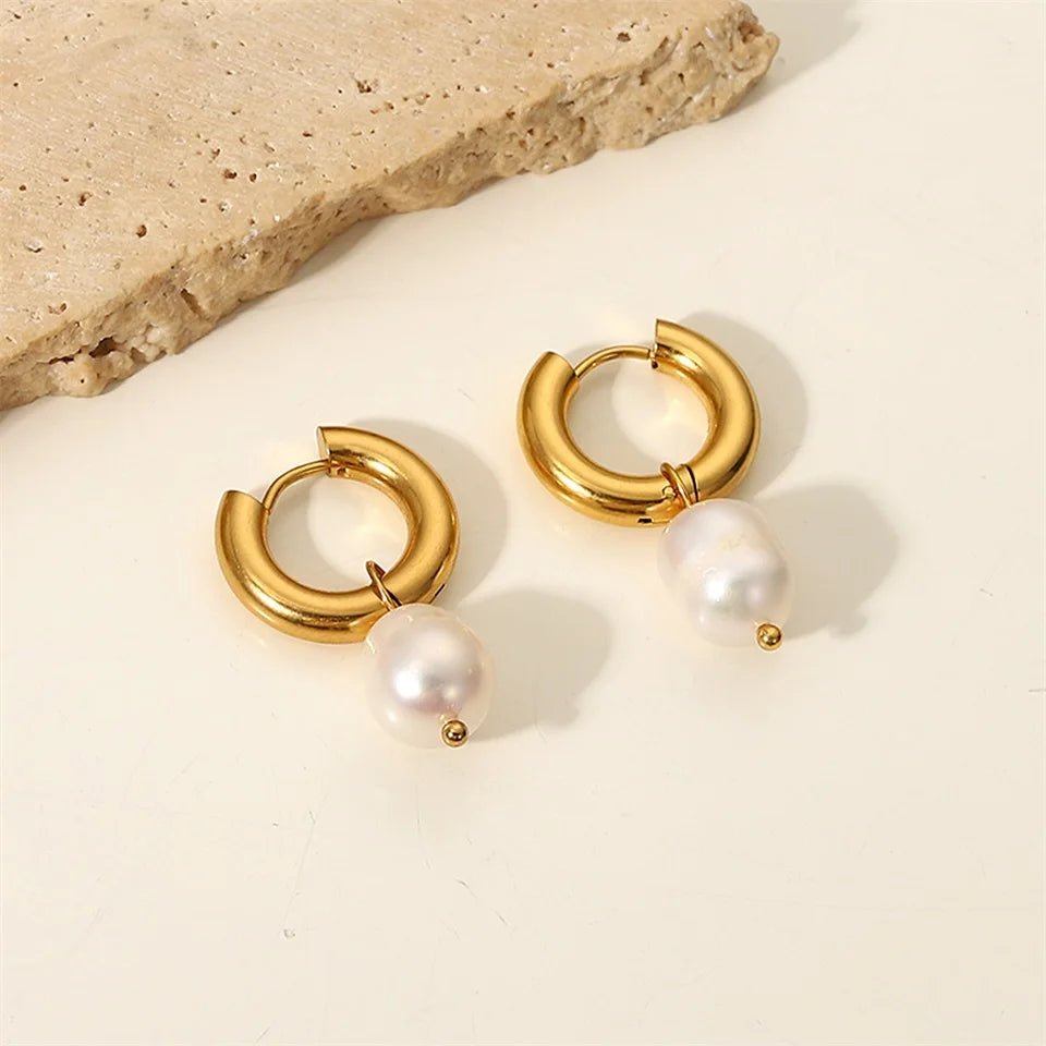 Pearl Drop Hoops Earrings