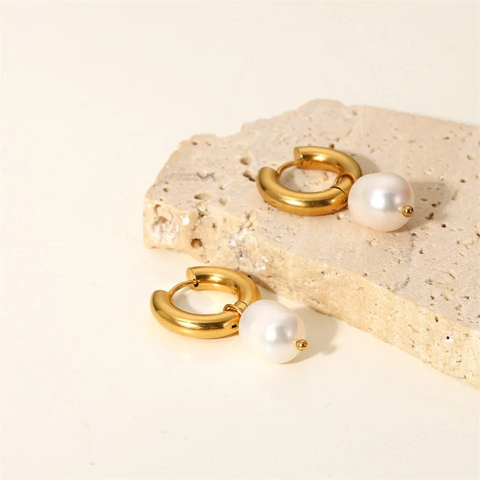 Pearl Drop Hoops Earrings